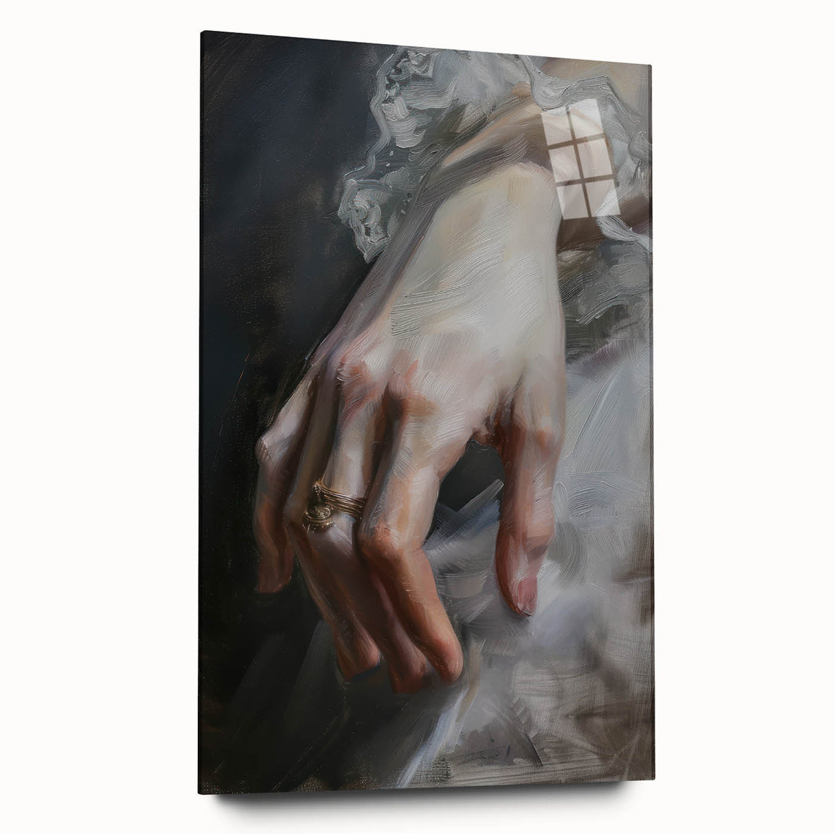 Abstract figurative acrylic artwork displayed in a glass frame, showcasing vibrant colors and intricate details from a side view, ideal for modern decor.
