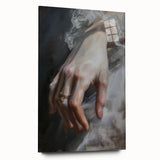 Abstract figurative acrylic artwork displayed in a glass frame, showcasing vibrant colors and intricate details from a side view, ideal for modern decor.