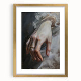 Abstract figurative artwork framed in elegant gold, showcasing intricate shapes and vibrant colors, perfect for modern home decor or art collections.