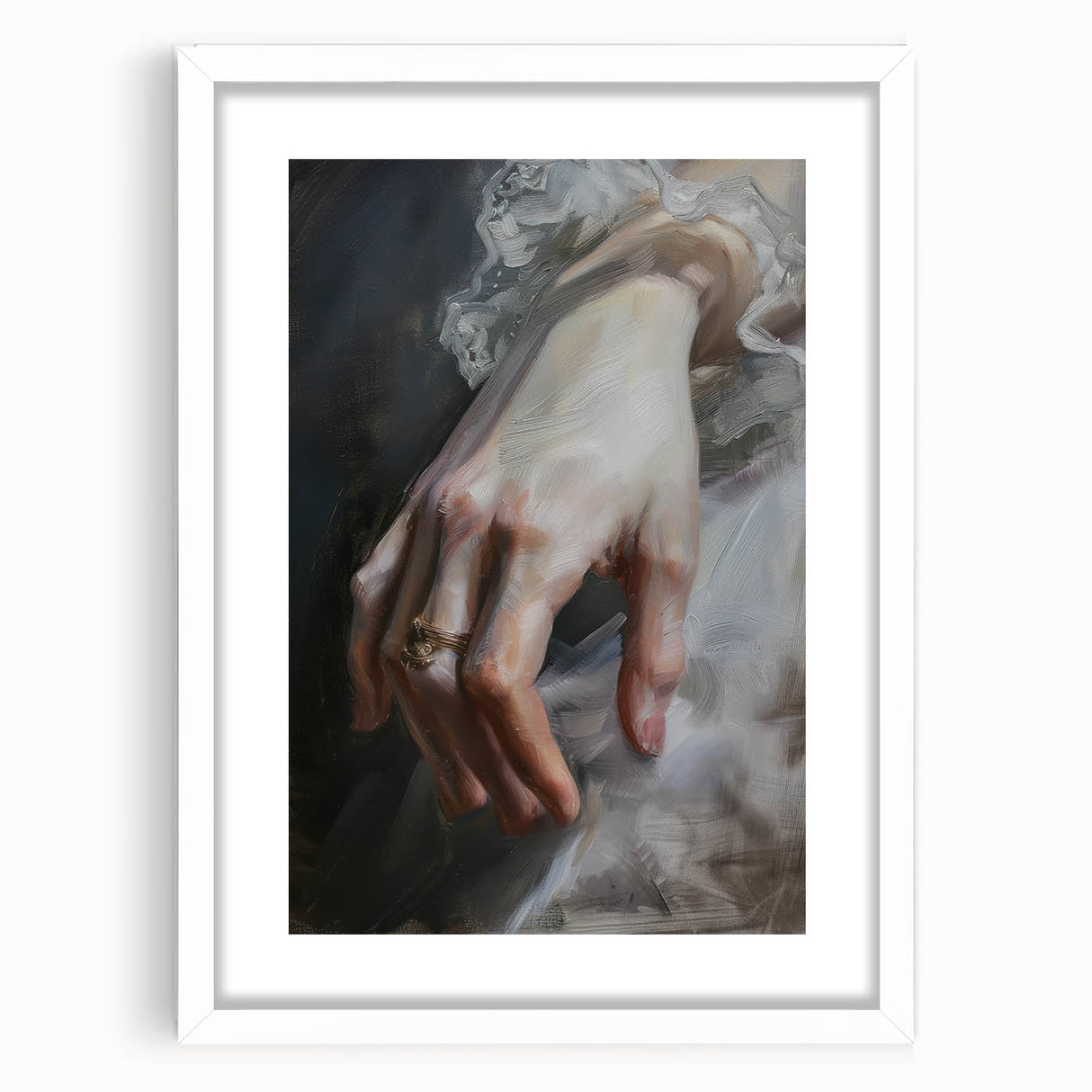 Abstract figurative art framed in a sleek white mat, showcasing vibrant colors and dynamic shapes, perfect for modern home décor or art lovers.