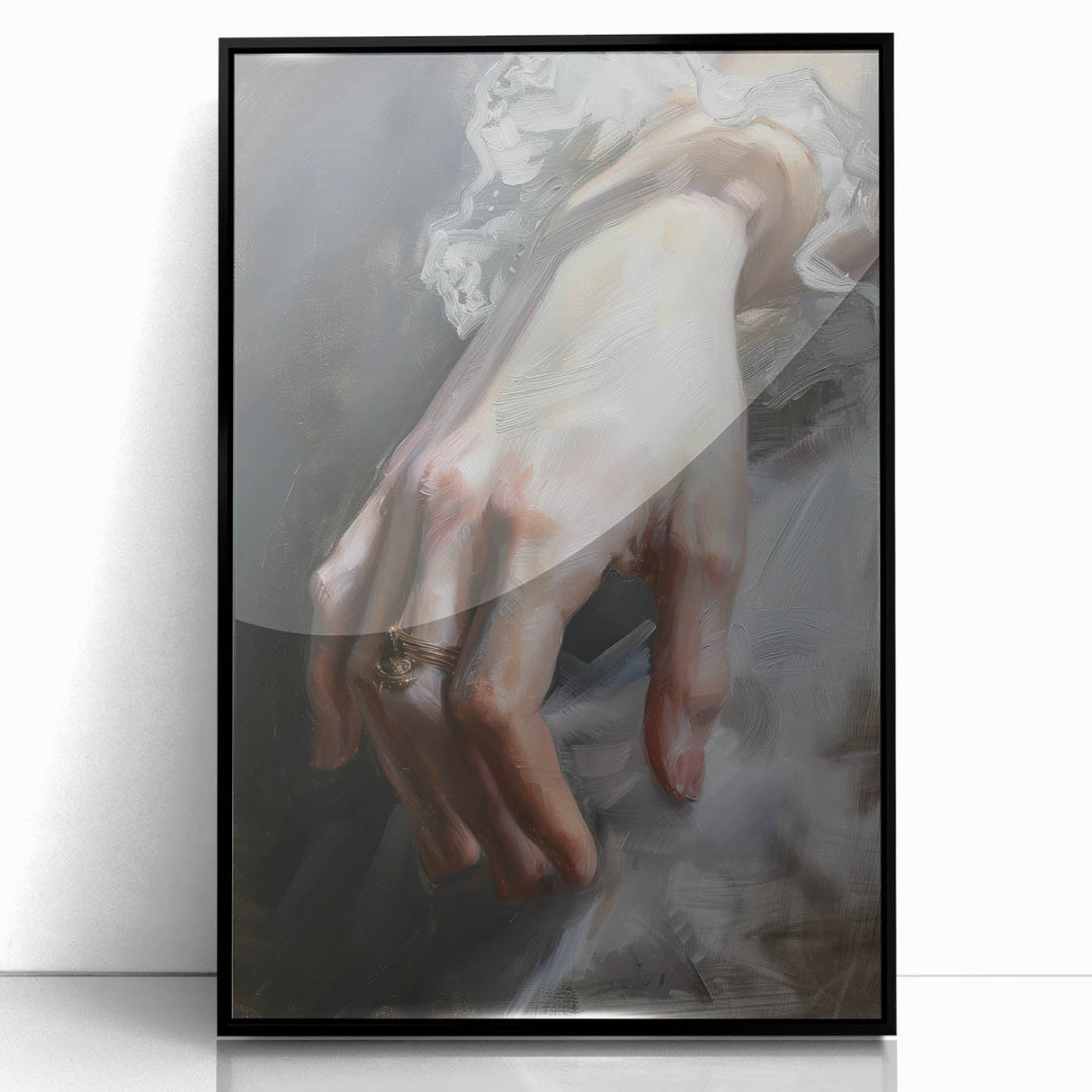 Abstract figurative framed acrylic artwork in black, showcasing dynamic shapes and fluid lines, ideal for modern interior decor. Perfect for enhancing artistic spaces.