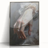 Framed abstract figurative artwork in silver tones, showcasing dynamic shapes and fluid lines, ideal for modern decor and enhancing interior spaces.