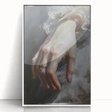 Framed abstract figurative artwork featuring a striking white background, showcasing vibrant colors and dynamic shapes, perfect for modern home decor.