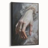 Framed canvas artwork showcasing an abstract figurative design with a black frame, viewed from the side, perfect for modern interior decor and artistic expression.