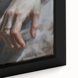 Close-up view of a framed abstract figurative canvas artwork, showcasing vibrant colors and intricate textures, perfect for modern home decor and art enthusiasts.