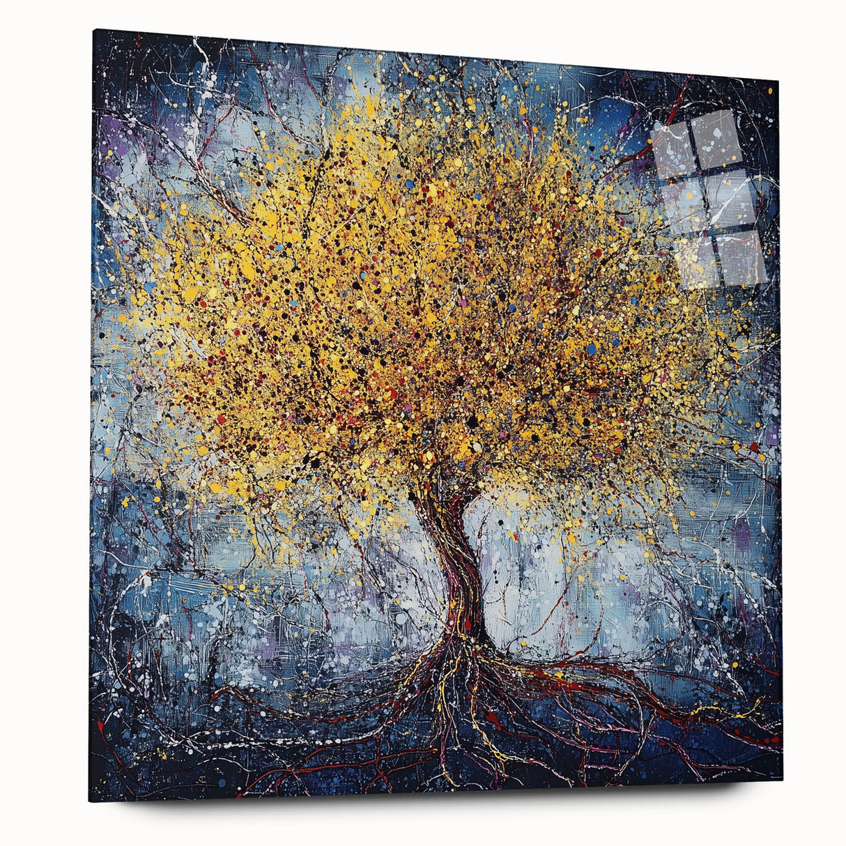 Abstract floral acrylic art piece displayed from a side view, showcasing vibrant colors and intricate designs on glass, ideal for modern home decor.