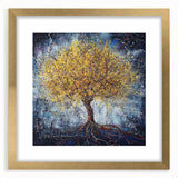 Abstract floral frame with a gold mat, showcasing a vibrant arrangement of colorful flowers and leaves, ideal for modern home decor or art collections.