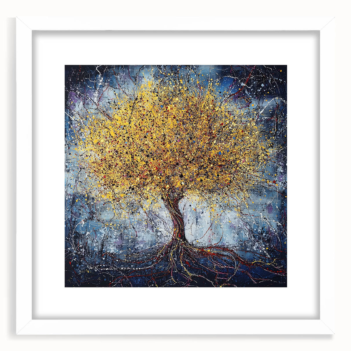 Abstract floral artwork framed in white with a mat, showcasing vibrant colors and intricate designs, perfect for enhancing home decor.