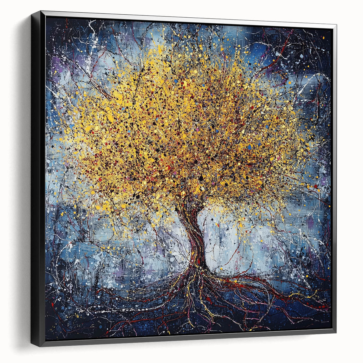 Framed canvas showcasing an abstract floral design in vibrant colors, displayed in a sleek black frame, ideal for modern home decor. This art piece adds a touch of elegance and artistic flair to any room, perfect for enhancing interior aesthetics.