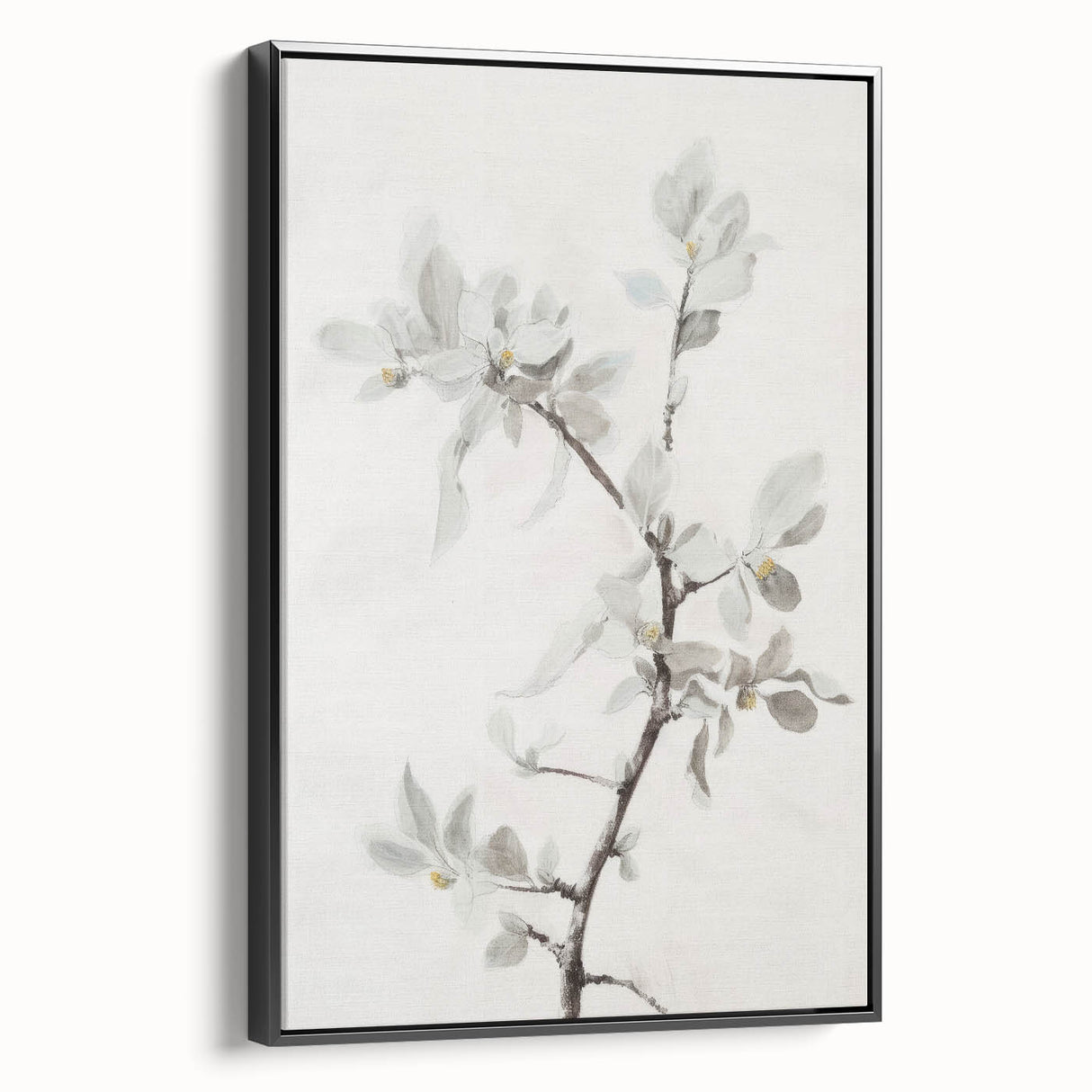 Framed canvas art showcasing an abstract floral design in vibrant colors with a sleek black frame, viewed from the side, perfect for modern decor.