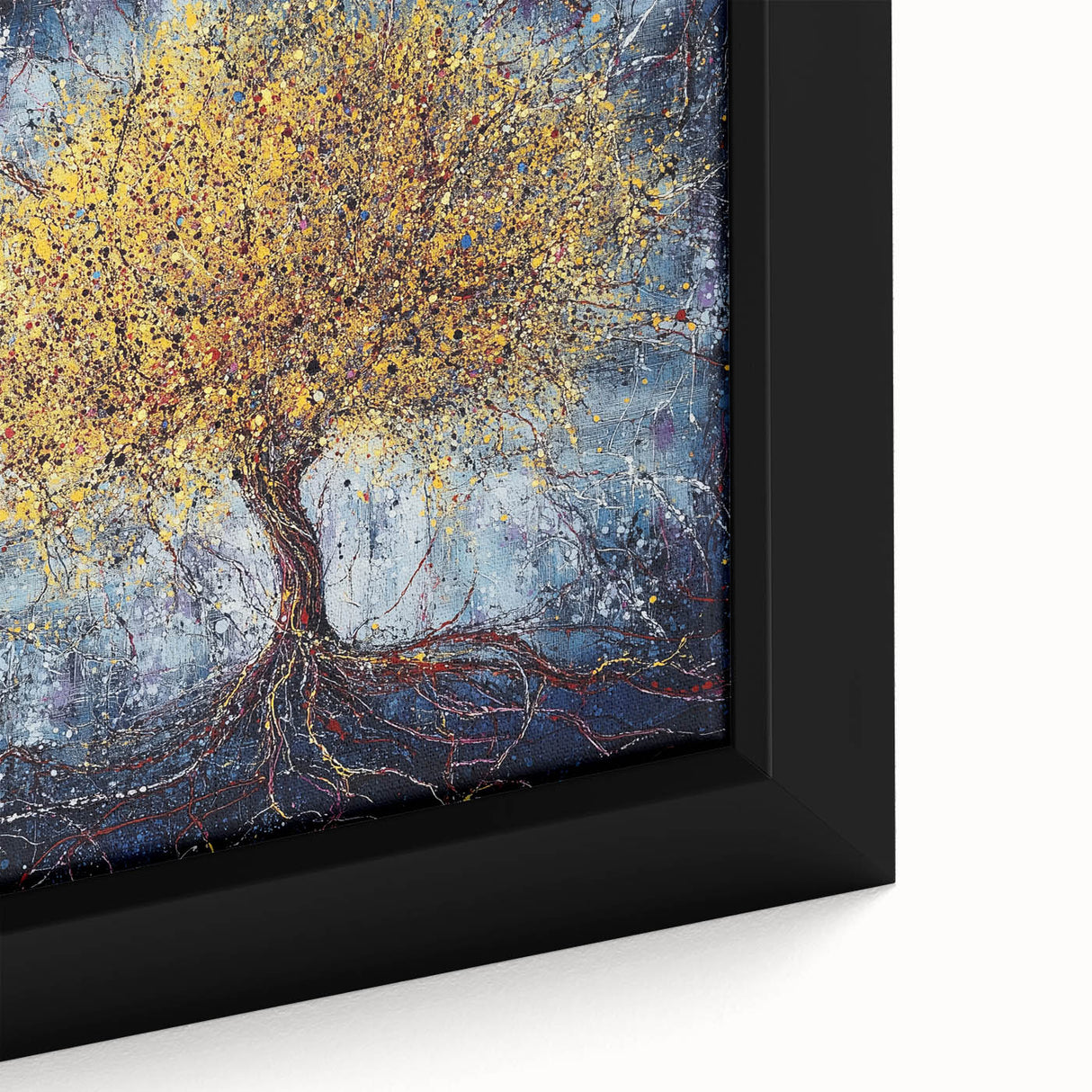 Close-up of an abstract floral framed canvas showcasing vibrant colors and intricate detailing, perfect for modern home decor and artistic expression. Ideal for adding a touch of elegance to any living space.