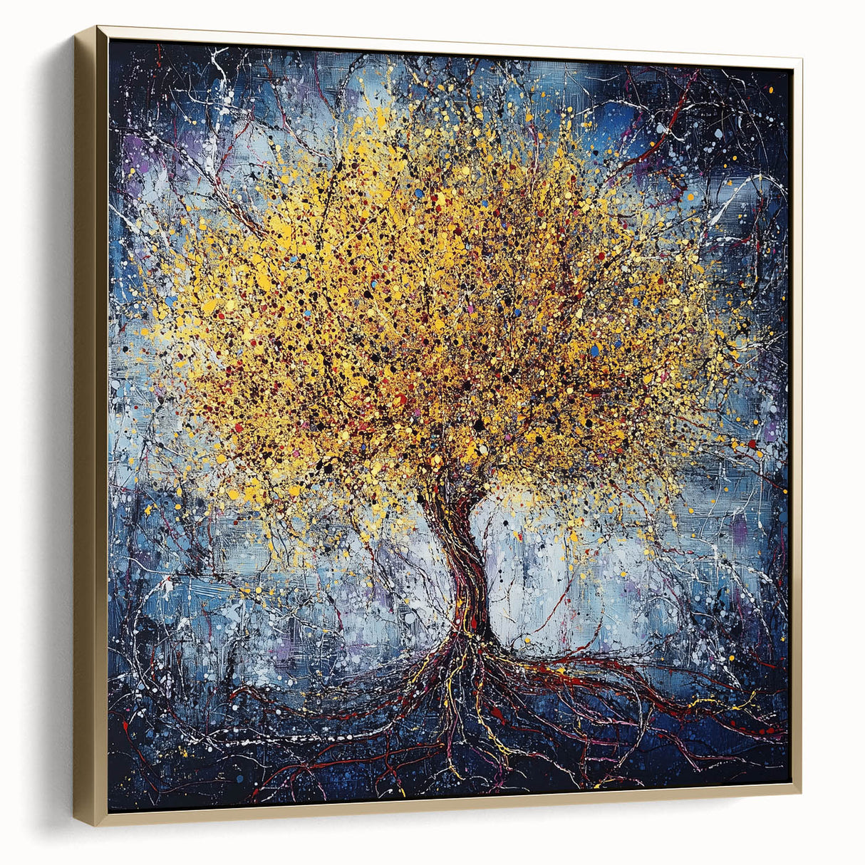 Framed canvas artwork showcasing an abstract floral design in silver and gold tones, elegantly displayed against a neutral background, perfect for modern decor.