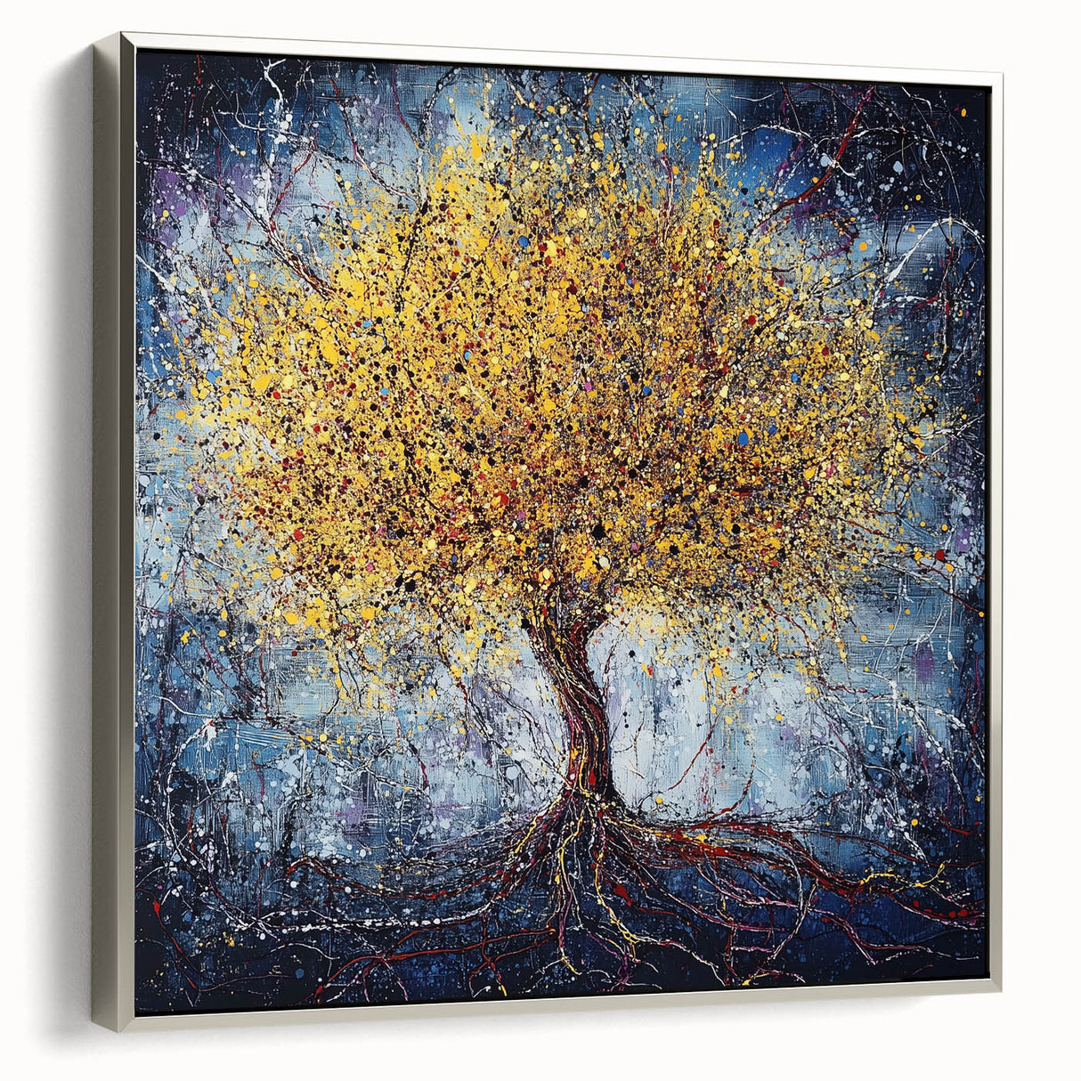 Framed canvas artwork showcasing abstract floral designs in vibrant colors, featuring a sleek silver frame ideal for modern home decor. Perfect for adding a touch of elegance to any space.