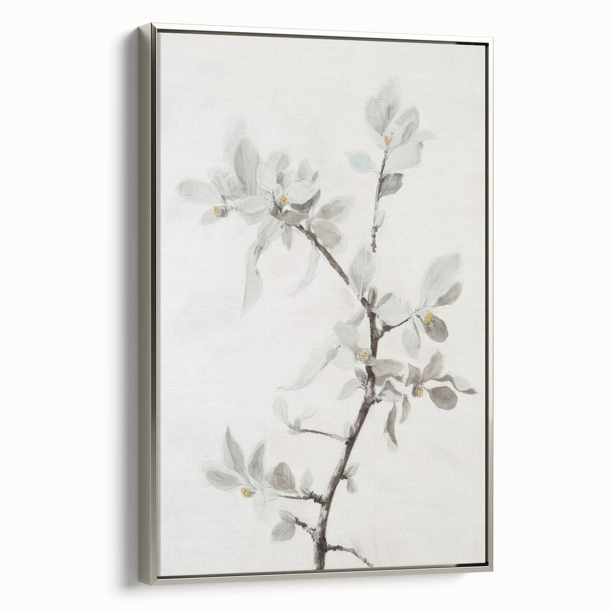 Framed canvas artwork showcasing an elegant abstract floral design with vibrant colors and a sleek silver frame, ideal for modern home decor.