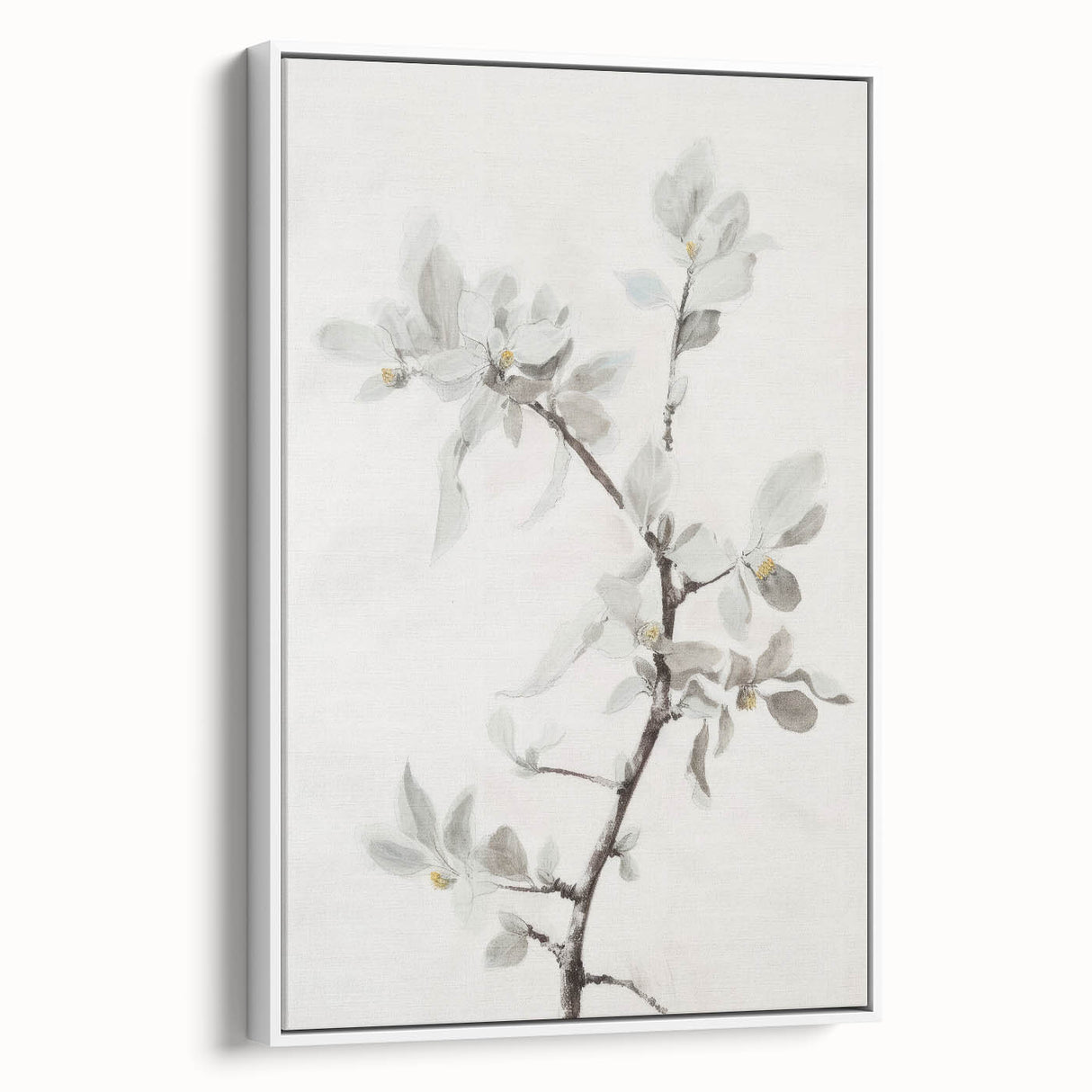 Framed canvas artwork showcasing abstract floral designs in vibrant colors, featuring a white frame and side view for added elegance, perfect for home decor.
