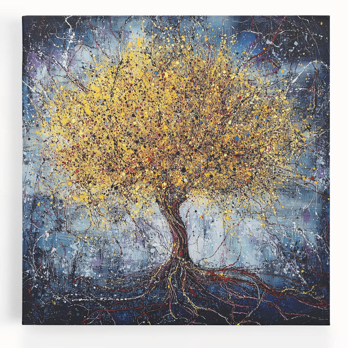 Stretched canvas artwork displaying an abstract floral design in vibrant colors, ideal for modern home decor. Perfect for enhancing living spaces with artistic flair.