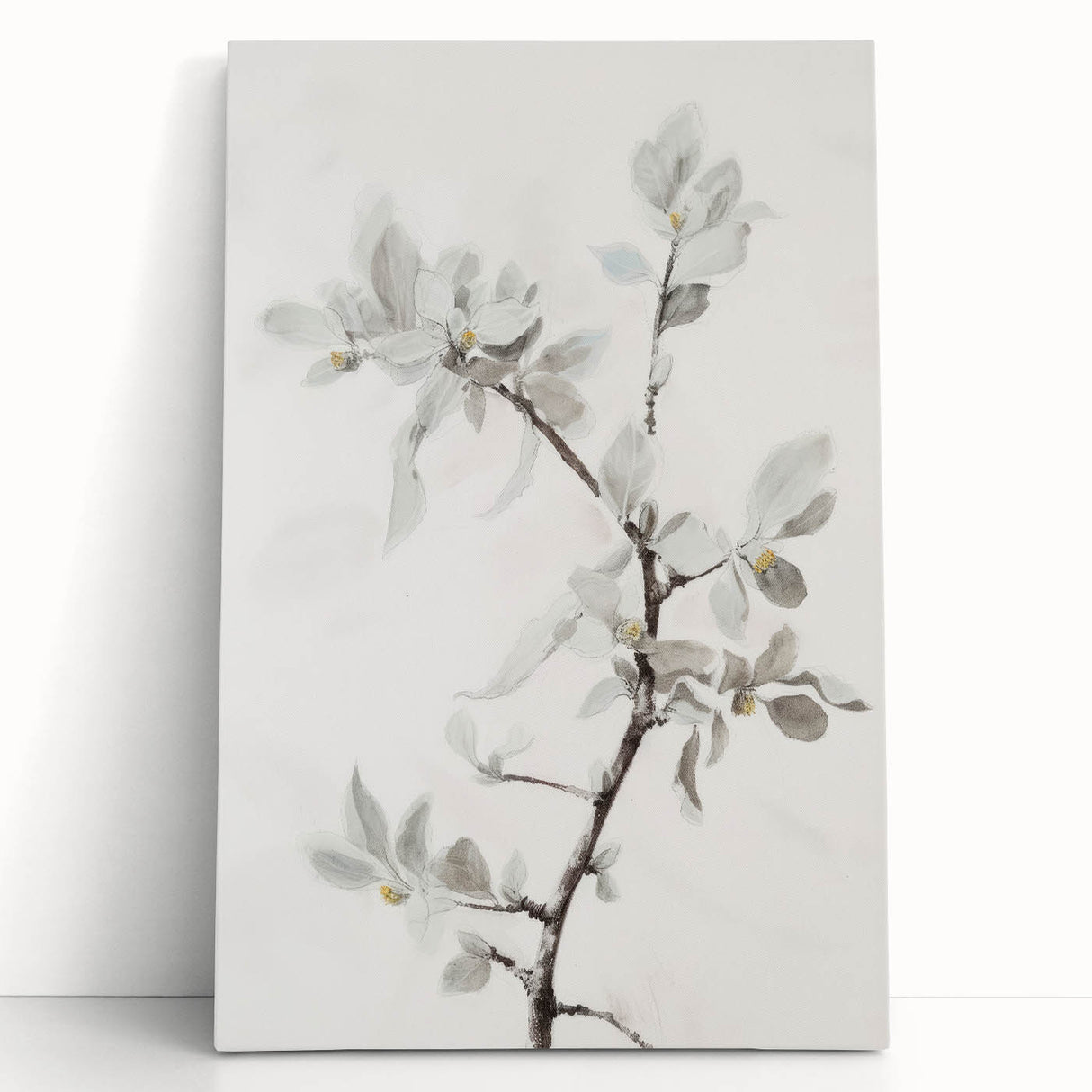 Vibrant abstract floral stretched canvas artwork featuring bold colors and intricate designs, elegantly leaning against a neutral wall, perfect for modern decor.