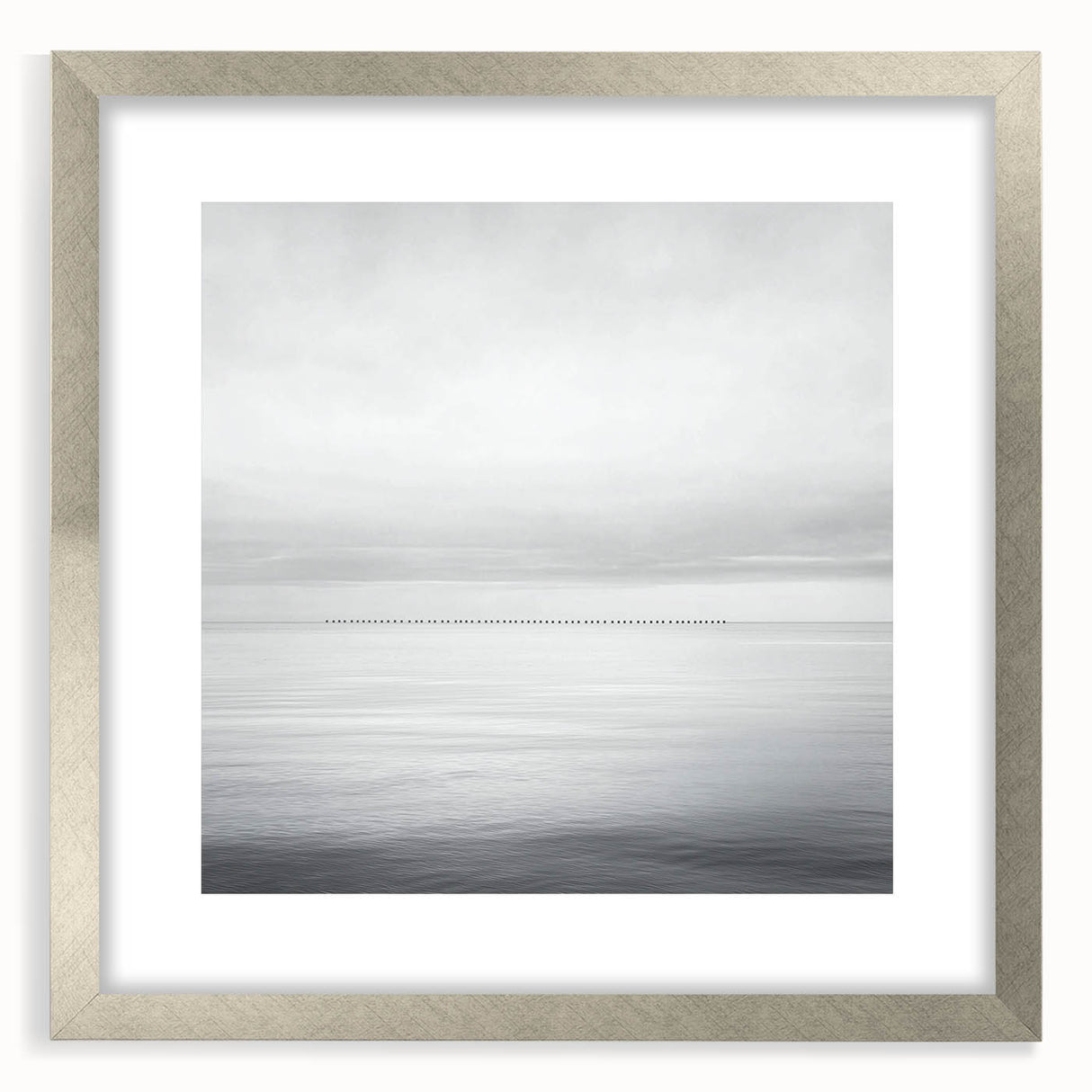 Abstract landscape framed art with a silver mat, showcasing a blend of soft blues and earthy tones, perfect for modern home decor or office ambiance.