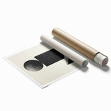 Abstract minimalist wall art print featuring soft pastel colors and geometric shapes, elegantly rolled and packaged in a protective cardboard tube for easy display.