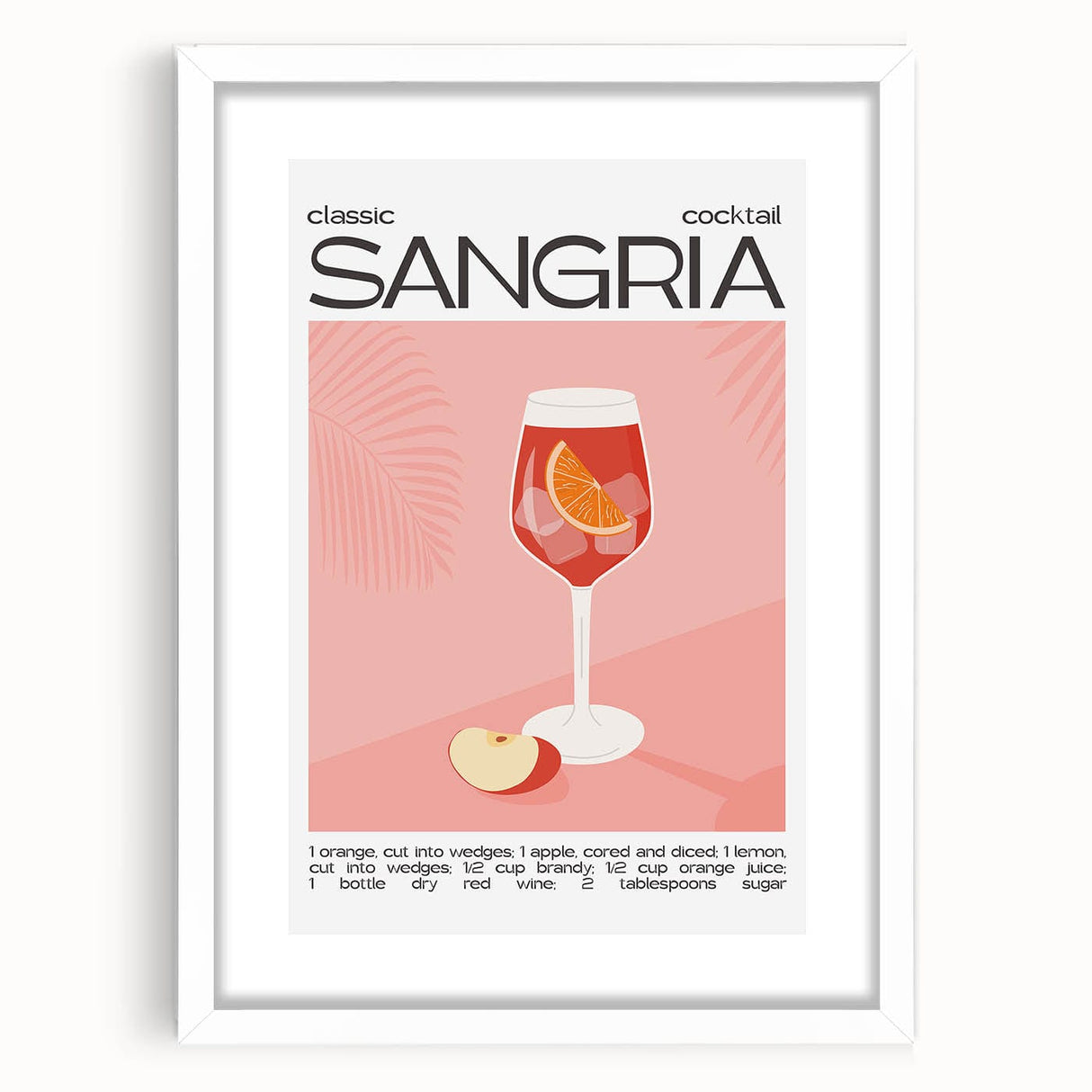 Abstract art print featuring assorted food and drink items in soft pastel hues on a white framed mat.
