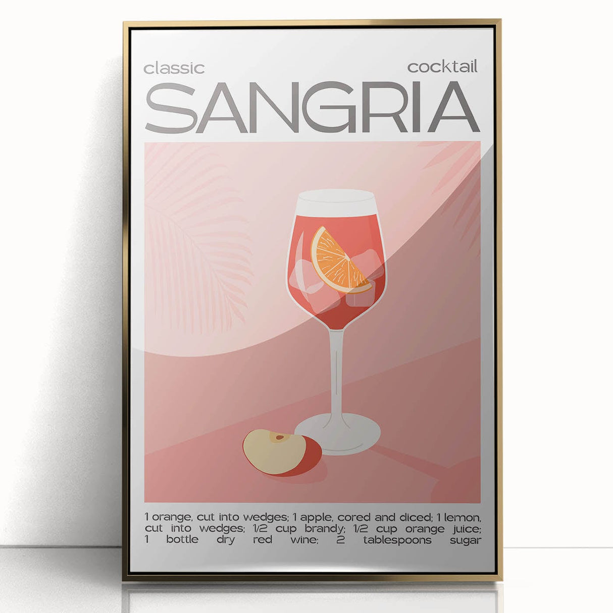 Large art print of a mid-century modernist food and drinks motif in gold tones on acrylic, ideal for modern kitchen decor.