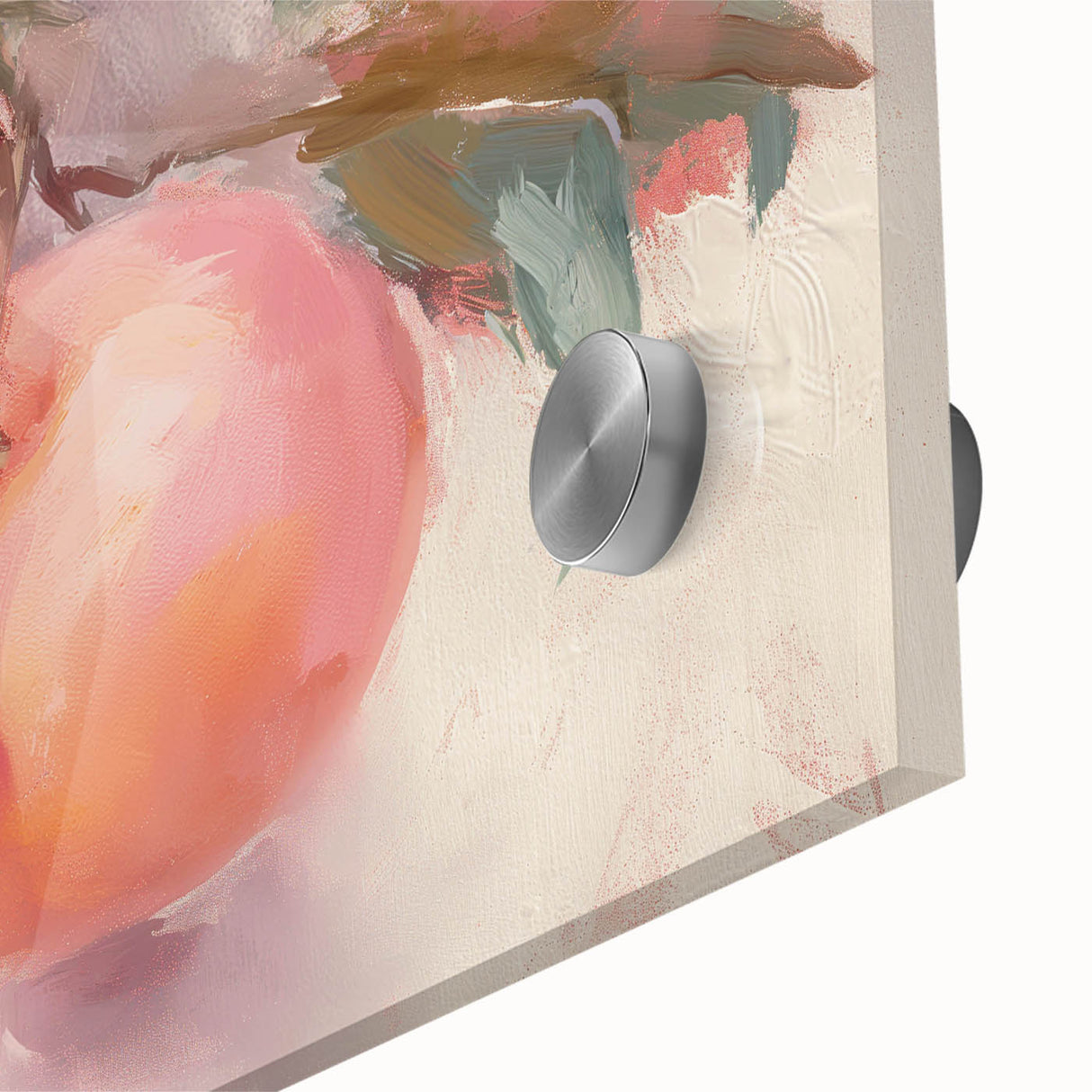 Close-up of large abstract wall art featuring assorted fruits in vibrant colors on acrylic glass.