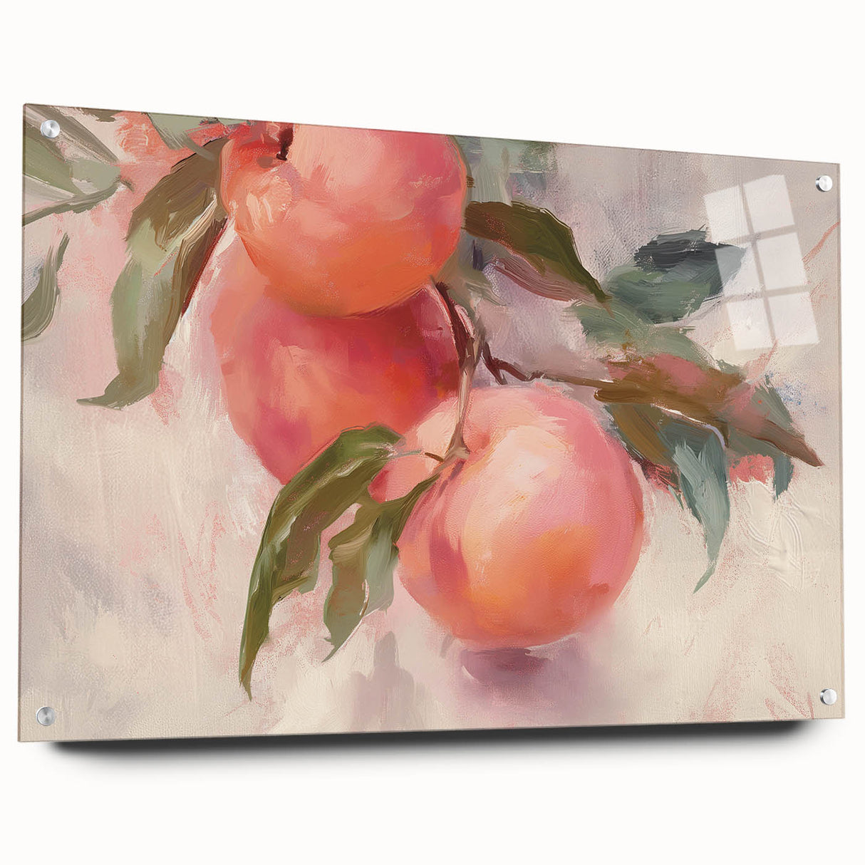 Acrylic glass print of large abstract fruit designs in vibrant colors, ideal for dining room or kitchen decor.