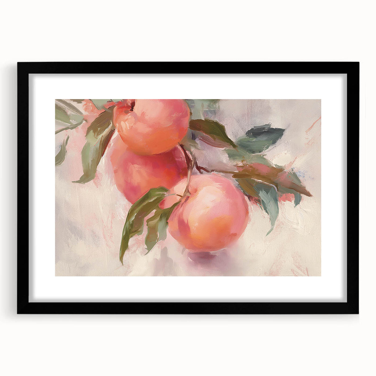 Extra large abstract art print featuring colorful, textured fruits on a black framed canvas, ideal for living room decor.