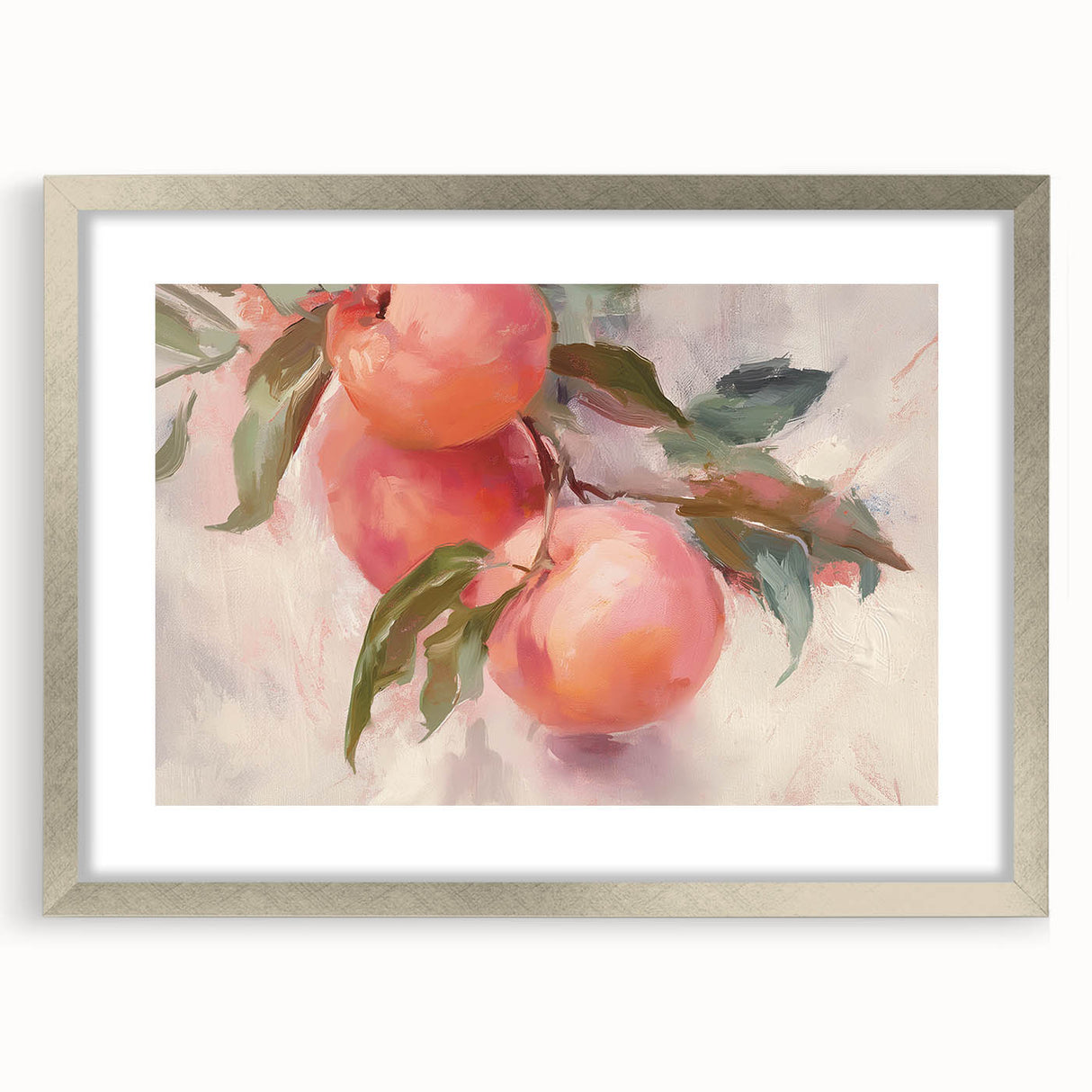 Textured art depicting abstract fruit designs in vibrant colors on a framed silver mat, ideal for bedroom wall decor.