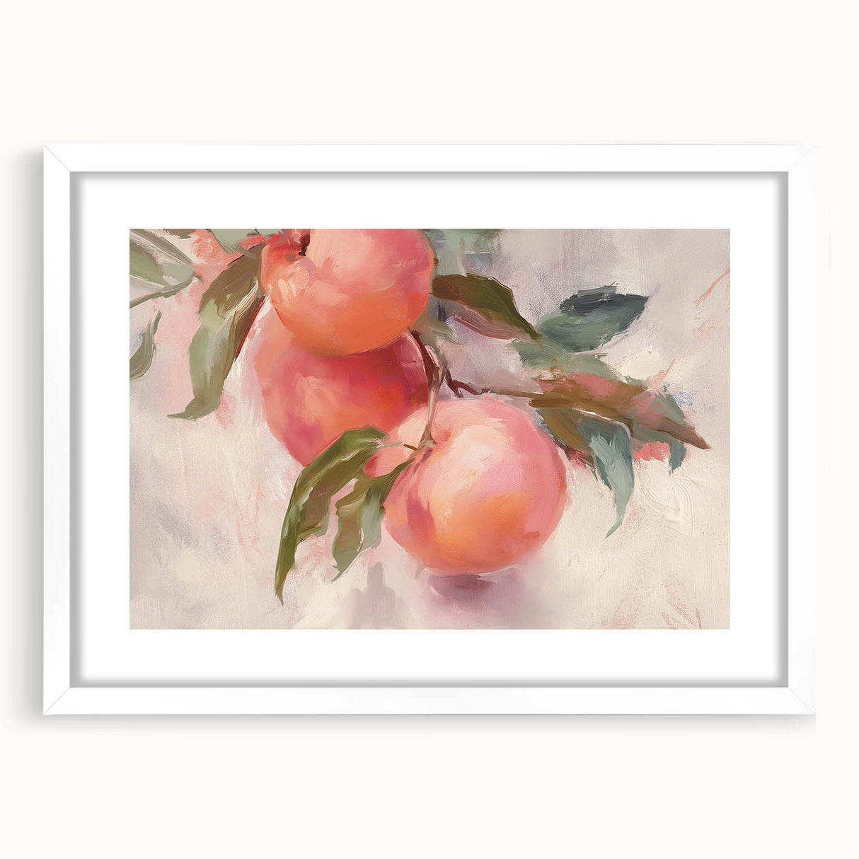 Abstract art print featuring an assortment of colorful fruits on a white framed mat, ideal for dining room decor.