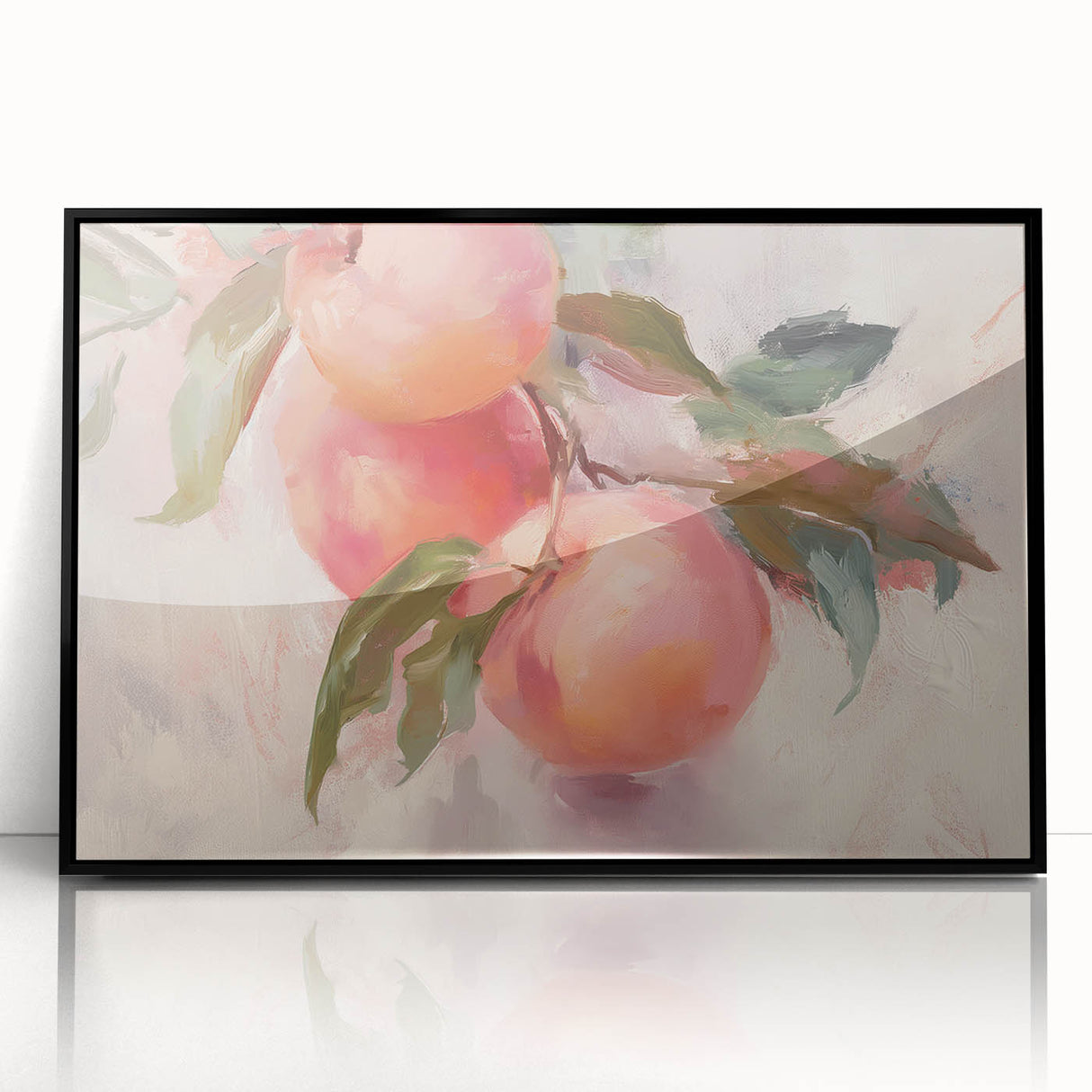 Large abstract wall art featuring assorted fruits in bold colors on a black acrylic frame, suited for modern kitchen decor.