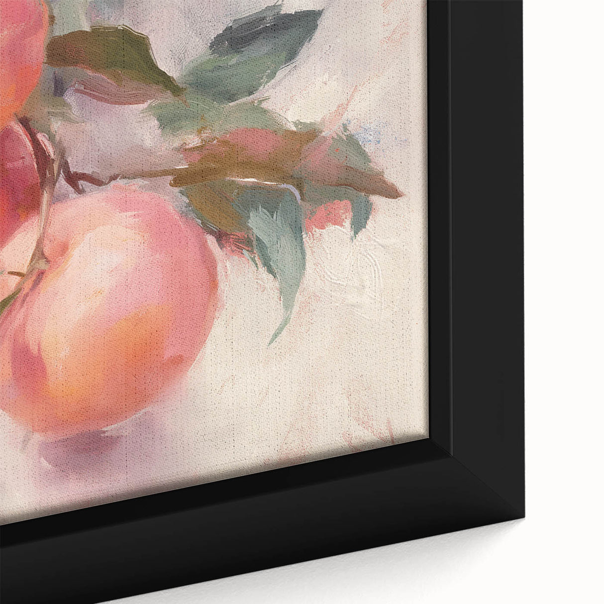 Close-up of extra large black wall art featuring colorful, textured fruits on a framed canvas, ideal for living room decor.