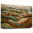 Large abstract wall art depicting fall scenery in orange and brown tones on acrylic glass.