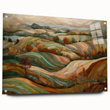 Large abstract wall art depicting fall scenery in orange and brown tones on acrylic glass.