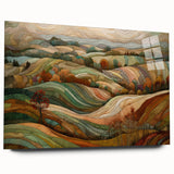 Large abstract wall art in mid-century modernist style with warm autumn hues on acrylic glass, ideal for dining room decor.