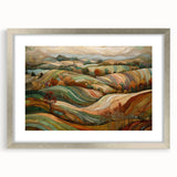 Textured abstract art print in warm orange and red tones, framed in silver, suitable for bedroom decor.