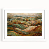 Abstract art print featuring swirling autumnal hues on a white-framed canvas, suitable for bedroom or dining room decor.