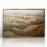 Mid-century modernist fall scene in warm orange and gold tones on a framed acrylic, ideal for modern art wall decor.
