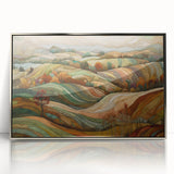 Mid-century modernist art depicting a fall landscape in muted oranges and browns, framed in silver acrylic.
