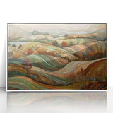 Art deco poster of a stylized fall season scene in muted orange and brown tones, acrylic print framed in white.