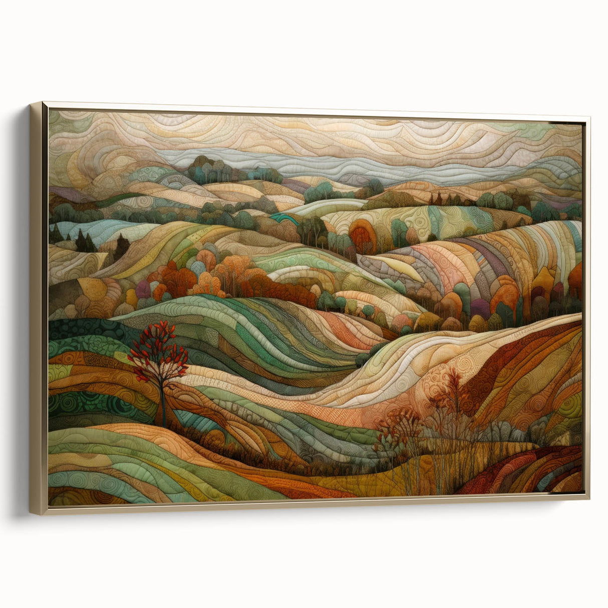 Framed canvas depicting a vintage-style landscape with autumnal trees in muted gold and black tones.