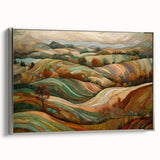 Framed canvas of a vintage landscape art painting featuring autumnal colors on a black background.