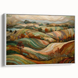 Vintage poster art of an autumnal scene on a framed canvas, featuring rich orange and brown tones.