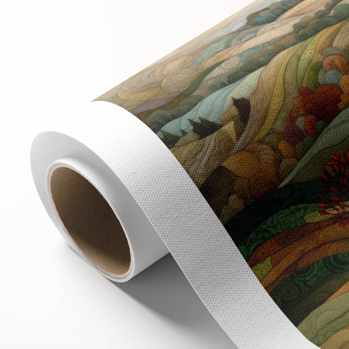 Art deco poster featuring autumnal landscape in vibrant orange and red tones on rolled canvas, ideal for nursery wall art.