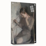 Abstract figurative acrylic artwork displayed in a side view, featuring vibrant colors and intricate details, accented with decorative pins for a modern touch, ideal for contemporary decor.