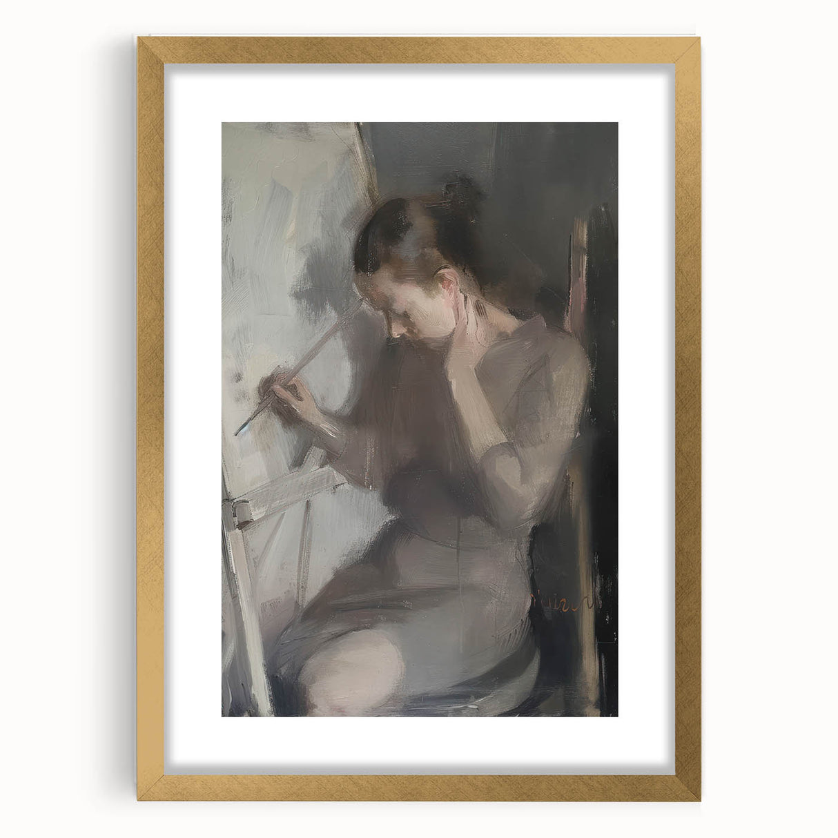 Abstract figurative artwork framed in gold, showcasing dynamic shapes and warm tones, perfect for modern home decor or gallery displays, adding elegance and sophistication.