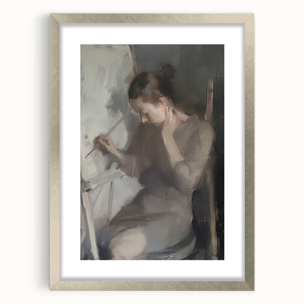 Abstract figurative frame with a sleek silver mat, showcasing a contemporary art piece that blends modern aesthetics with classic elegance, perfect for enhancing any interior decor.