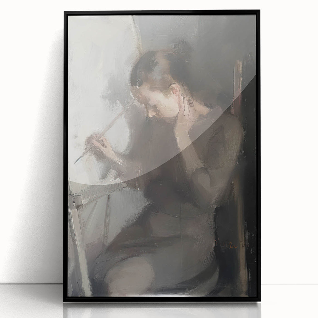 Framed abstract figurative art piece showcasing a unique black and white design, mounted in a sleek black frame, ideal for modern home decor.