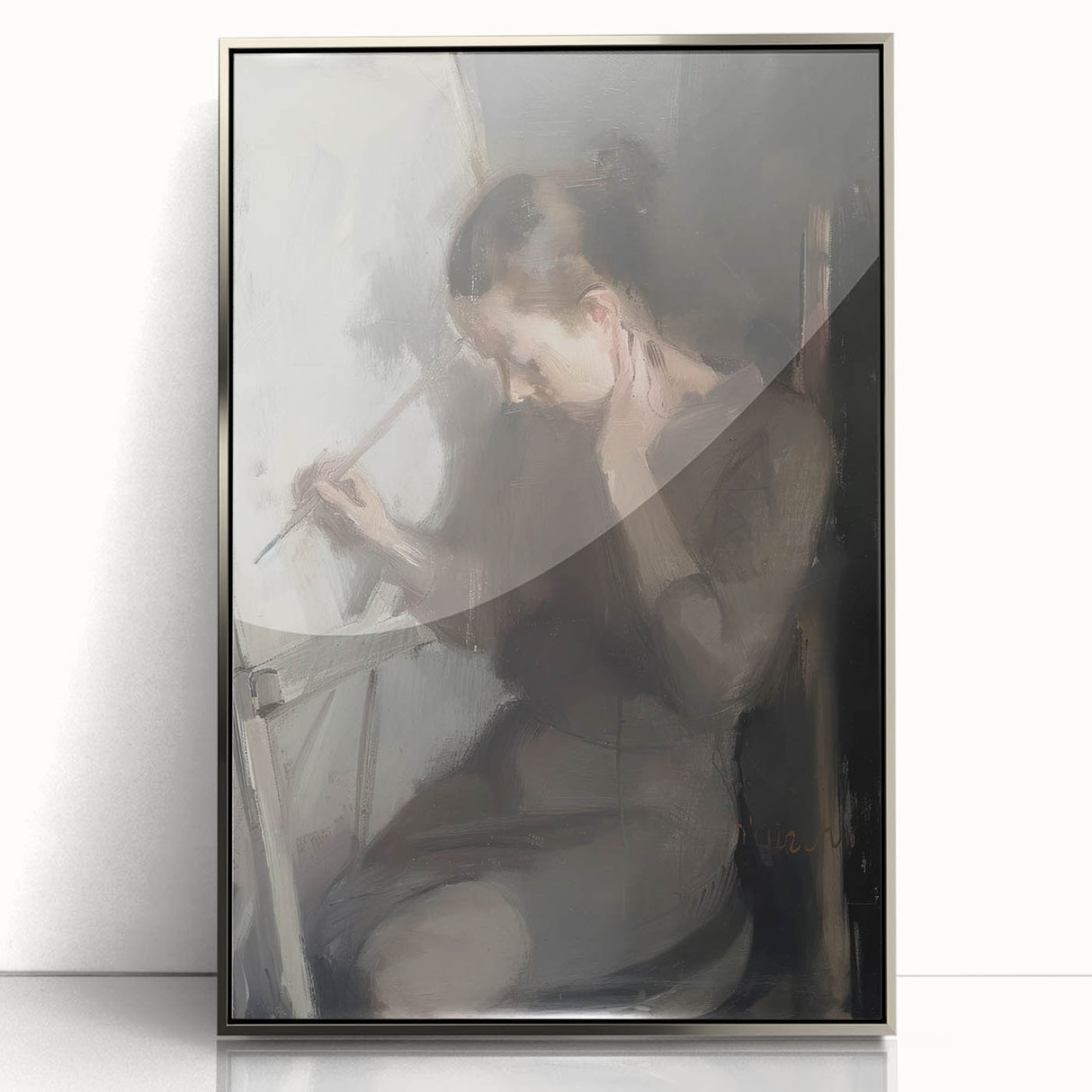 Framed acrylic artwork featuring an abstract figurative design in silver tones, showcasing fluid shapes and modern aesthetics, perfect for contemporary home decor.