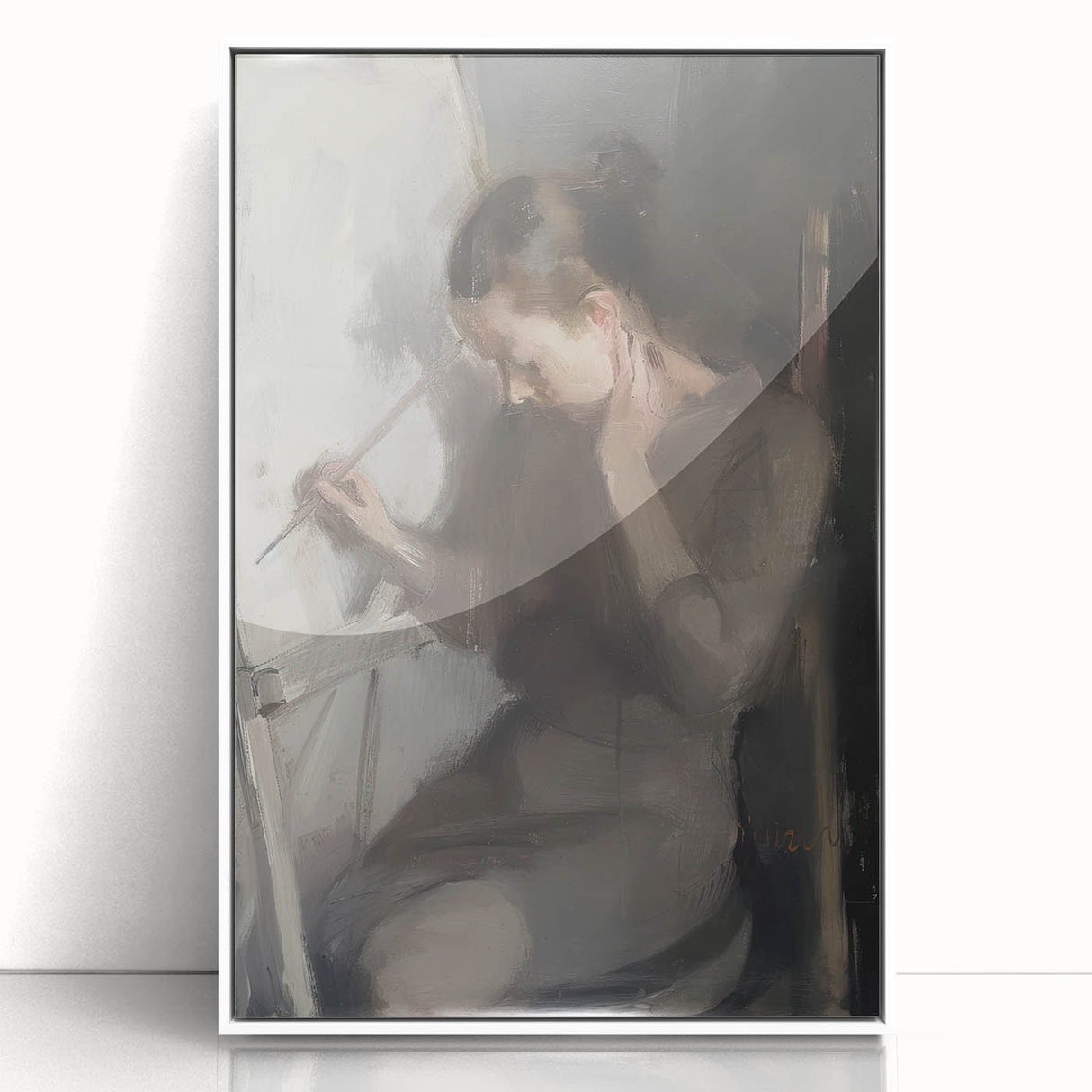 Framed abstract figurative art piece in white acrylic, showcasing vibrant colors and dynamic shapes, perfect for modern home decor and artistic expression.